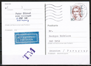 Bund 1305 als portoger. EF mit 80 Pf Clara Schumann auf VGO-bersee-Luftpost-Postkarte vom Mrz 1991 nach Paraguay, rs. AnkStpl.