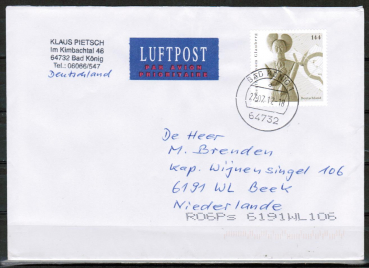 Bund 2436 als portoger. EF mit 144 Cent Keltenfrst vom Glauberg auf Auslands-Brief 20-50g von 2011-2012 in die Niederlande, codiert