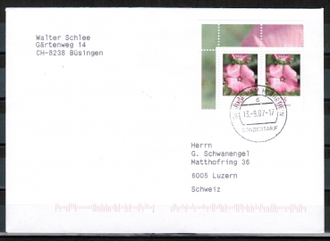 Bund 2462 als portoger. MeF mit 2x 25 Cent Blumen / Malve aus Bogen mit Rand auf B-Brief von Bsingen von 2007-2010 in die Schweiz, codiert