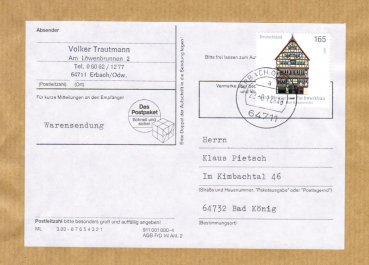 Bund 2931 als portoger. EF mit 165 Cent Fachwerkbau auf Inlands-Warensendungs-Adresse von 2012, mit Label
