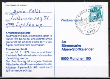 Bund 915 als portoger. EF mit grner 40 Pf B+S - Marke aus Rolle auf Inlands-Postkarte von 1977-1978