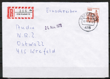 Bund 919 als portoger. EF mit 190 Pf B+S - Serie aus Rolle auf Inlands-Einschreibe-Brief bis 20g von 1977-1978