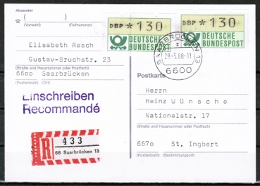 Bund ATM 1 - - 2 Marken zu 130 Pf als portoger. MeF auf Inlands-Einschreib-Postkarte von 1988 von Saarbrcken