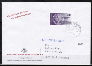 Bund 743 als portoger. EF mit 50 Pf Edikt von Potsdam auf Drucksache bis 20g von 1985-1989 im Bundesgebiet mit Bund-Stempel