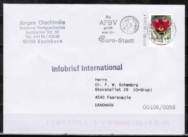 Bund 2968 als portoger. EF mit 58 Cent Blumen aus Rolle auf Auslands-Infobrief 16g von 2012 nach Dnemark, codiert