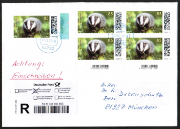 Bund 3681 als portoger. MeF mit 5x 85 Cent Dachs auf Inlands-bergabe-Einschreib-Brief 14x20 cm von 2022-heute, mit Einl.-Schein