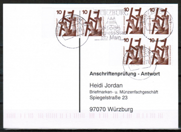 Bund 695 als portoger. MeF mit 6x 10 Pf Unfallverhtung aus 100er-Bogen auf Sammel-Anschriftenprfungs-Postkarte von 1993-2002, codiert