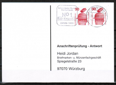 Bund 698 als portoger. MeF mit 2x 30 Pf Unfallverhtung aus Rolle auf Sammel-Anschriftenprfungs-Postkarte von 1993-2002