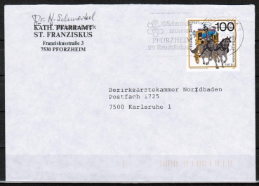 Bund 1439 als portogerechte EF mit 100 Pf Wohlfahrt 1989 auf Inlands-Brief bis 20g von 1989/1990