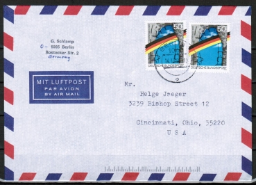 Bund 1481 als portoger. MeF mit 2x 50 Pf Grenzffnung EZM aus Block auf VGO-Luftpost-Brief bis 10g von 1990/1991 in die USA, codiert