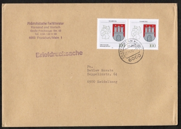Bund 1591 als portoger. MeF mit 2x 100 Pf Hamburg auf Briefdrucksache 50-100g von 1992, 14x20 cm