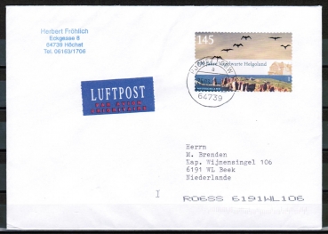 Bund 2793 als portoger. EF mit 145 Cent Helgoland als Skl.-Marke auf Auslands-Kompakt-Brief 20-50g von 2011-2012 in die Niederlande, codiert