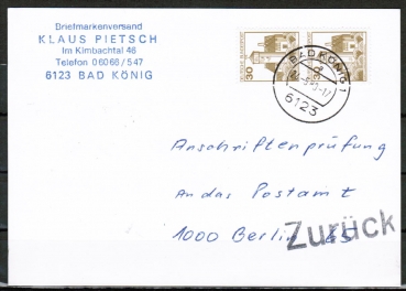 Bund 914 als portoger. MeF mit 2x 30 Pf B+S - Serie aus Rolle im Letterset-Druck auf Einzel-Anschriftenprf-Postkarte von 1987-1992, rs. mit Stpl.