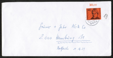 Bund 792 als portoger. EF mit 40 Pf Helene Lange ER-Marke re. o. auf Langformat-Inlands-Brief bis 20g von wohl 1974, 22 cm lang, Datum nicht eindeutig