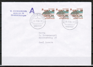 Bund 1339 als portoger. MeF mit 3x 30 Pf SWK aus Rolle auf A-Brief vom Zollausschlussgebiet B�singen von 1994 in die Schweiz