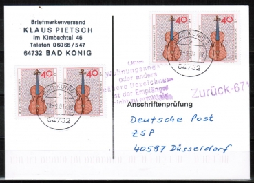 Bund 784 als portoger. MeF mit 4x 40 Pf Wohlfahrt 1973 auf Einzel-Anschriftenprfungs-Postkarte von 1997-2002, codiert