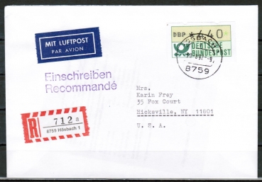 Bund ATM 1 mit dickem DBP - Marke zu 440 Pf als portoger. EF auf Luftpost-Einschreibe-Brief 5-10g vom Mai-Juni 1992 in die USA, Einl.-Schein