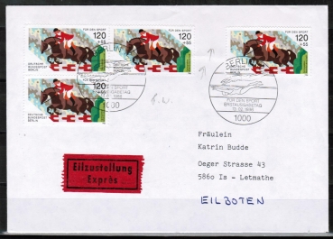 Berlin 752 als portoger. (?) MeF mit 4x 120 Pf Sport 1986 auf Eilbrief 20-50g mit ESST von 1986 von Berlin ins Bundesgebiet, 6 Eilboten- / AnkStpl.