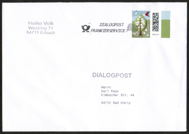 Bund 3704 als portoger. EF mit 45 Cent Briefe-Dauerserie aus Bogen mit SR auf Inlands-Dialogpost 14x20 cm bis 50 Gramm vom Aug. bis Dez. 2022