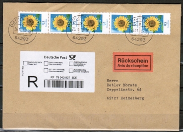 Bund 2434 als portoger. MeF mit 5x 95 Cent Sonnenblume aus Rolle auf Inlands-Einschreibe-Rckschein-Brief 20-50g von 2006-2013, codiert