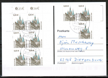 Bund 2381 als portoger. MeF mit 9x 0,05  SWK aus Bogen mit Seitenrndern auf Inlands-Postkarte von 2004-2019, codiert
