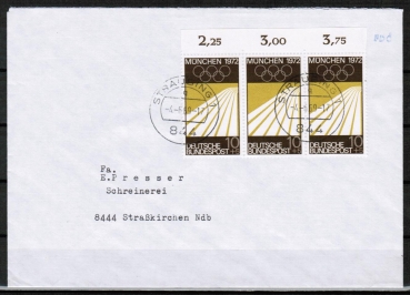 Bund 587 als portoger. MeF mit 3x 10 Pf Olympiade 1969 auf Inlands-Brief bis 20g vom Juni 1969 / Ersttag, FDC-Stempel rechts oben