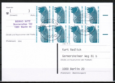 Berlin 863 als portoger. MeF mit 8x 5 Pf SWK aus Bogen auf Orts-Postkarte innerhalb Berlins von 1990-1991