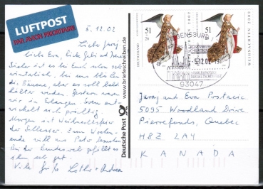 Bund 2285 als portoger. MeF mit 2x 51 Cent Weihnachten 2002 auf bersee-Luftpost-Postkarte mit SST von 2002 nach Kanada, codiert