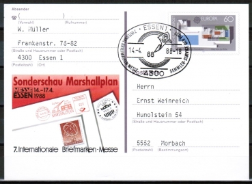Bund 1321 als Ganzsachen-Sonderpostkarte PSo 16 mit eingedruckter Marke 60 Pf Europa 1987 portoger. als Postkarte 1988-1993 gelaufen