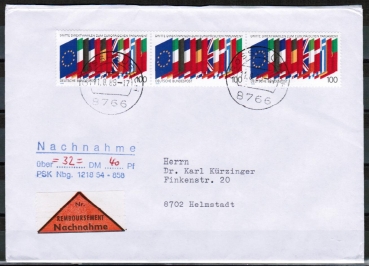 Bund 1416 als portoger. MeF mit 3x 100 Pf Europisches Parlament auf Nachnahme-Brief bis 20g von 1989