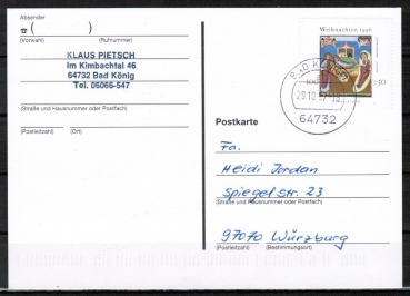 Bund 1892 als portoger. EF mit 100 Pf Weihnachten 1996 auf Inlands-Postkarte vom Okt. 1997, codiert