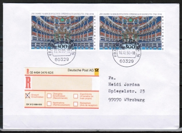 Bund 1983 als portoger. MeF mit 2x 300 Pf Oper Bayreuth auf Inlands-Einwurf-Einschreibe-Brief ber 50g von 1998