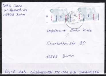 Bund 2254 als portoger. MeF mit 2x 56 Cent Uni Halle / Wittenberg auf Inlands-Kompakt-Brief 20-50g von 2002, codiert, 1 Marke defekt