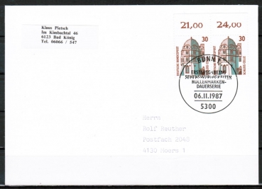 Bund 1339 als portoger. MeF mit 2x 30 Pf SWK aus Bogen mit OR auf Inlands-Postkarte mit ESST