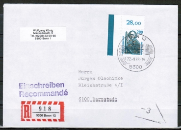 Bund 1381 als portoger. EF mit 280 Pf SWK aus Bogen mit Ober-Eckrand auf Inl.-Einschreibe-Brief bis 20g von 1988/1989