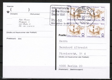 Berlin 806 als portoger. MeF mit 4x 10 Pf Frauen-Serie auf Orts-Postkarte innerhalb Berlins von 1988-1991