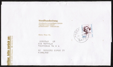Berlin 844 als portoger. EF mit 180 Pf Frauen-Serie auf Auslands-Drucksache zu erm. Gebhr von 1990 nach Finnland, Bund-Stempel