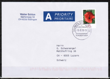Bund 2472 als portoger. EF mit 55 Cent Blumen / Klatschmohn aus Rolle auf A-Brief vom ZAG Bsingen von 2007-2010 in die Schweiz, codiert