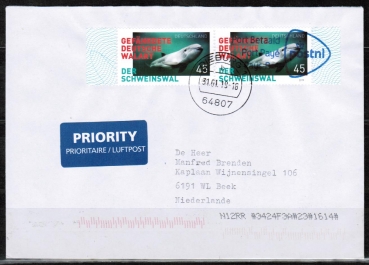 Bund 3436 als portoger. MeF mit 2x 45 Cent Schweinswal als Nassklebe-Marke auf Auslands-Brief bis 20g vom Januar-Juni 2019 - im Ankauf gesucht !