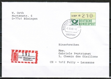 Bund ATM 1 - Marke zu 210 Pf als portoger. EF auf Bsingen-Einschreiben von 1986 vom ZAG Bsingen in die Schweiz