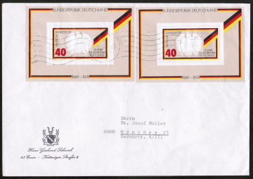 Bund 807 als portoger. Block-MeF mit 2x 40 Pf 25 Jahre Bundesrepublik-Deutschland-Block auf C5-Inlands-Brief 20-50g von 1974-1978