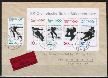 Bund 684-687 als Winterolympiade-Block als portoger. MiF mit 20 Pf aus Satz auf Inlands-Eilbrief bis 20g vom Juli 1971, AnkStpl.
