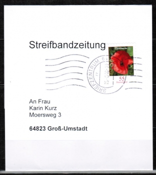 Bund 2472 Skl. (Mi. 2477) als portoger. EF mit 55 Cent Blumen / Klatschmohn als Skl.-Marke auf Streifbandzeitung bis 50g von 2005-2011