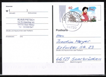 Bund 3506 als portoger. EF mit 60 Cent Heidi auf Inlands-Postkarte von 2019-2021, codiert