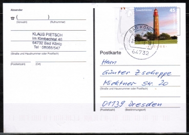Bund 3010 als portogerechte EF mit 45 Cent Leuchtturm Flgge auf Inlands-Postkarte von 2013-2019, codiert