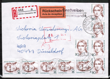 Bund 1305 als portoger. MeF mit 10x 80 Pf Frauen / Clara Schumann auf Inlands-Einschreibe-Rückschein-Brief bis 20g von 1994