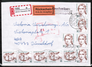 Bund 1305 als portoger. MeF mit 10x 80 Pf Frauen / Clara Schumann auf Inlands-Einschreibe-Rckschein-Brief bis 20g von 1994