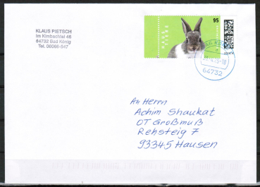 Bund 3899 als portoger. EF mit 95 Cent Kaninchen auf Inlands-Brief bis 20g von 2025-2026, codiert