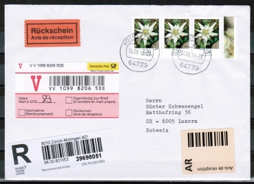 Bund 2530 als portoger. MeF mit 3x 220 Ct. Blumen / Edelwei aus Bogen auf Auslands-Wertbrief / Rckschein von 2009-2010 in die Schweiz mit Label