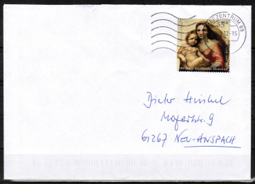 Bund 2919 als portoger. EF mit 55 Cent EZM aus Block Sixtinische Madonna auf Inlands-Brief bis 20g von 2012, codiert